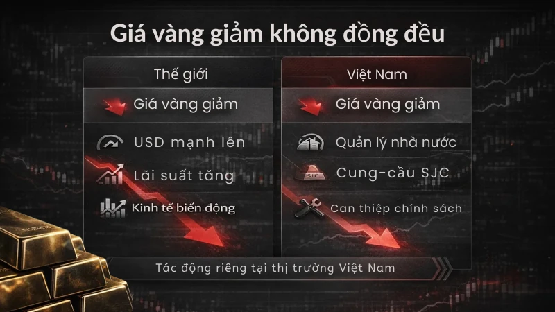 Hình ảnh so sánh việc giá vàng giảm không đồng đều có tác động gì đến thị trường thế giới và thị trường trong nước