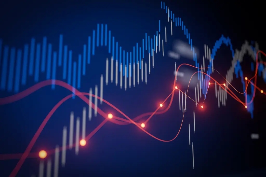 Financial market chart with blue candlesticks and orange trend lines on a dark blue background, showing price fluctuations.