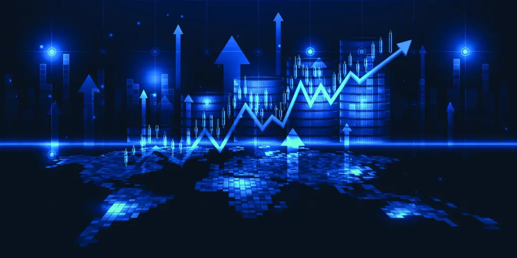 Blue digital stock chart with a rising line, arrows, and stacked coins indicating financial growth and trends.
