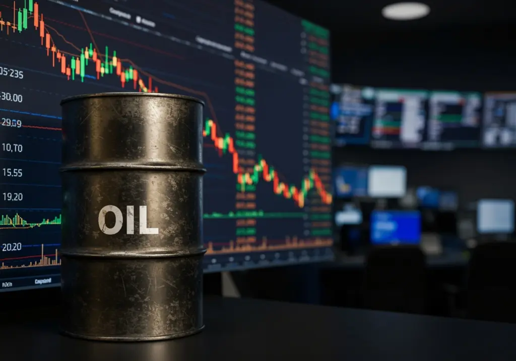 Oil barrel in the foreground with stock market charts and data on screens behind, illustrating oil trading.
