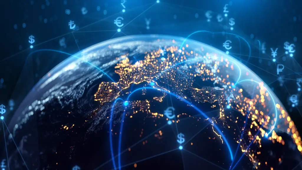 Globe at night with illuminated continents and floating currency symbols (e.g., $, €, ¥) and neon network lines orbiting it.