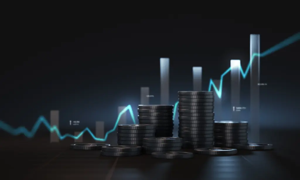 Stacks of coins in the foreground with a blue upward-trending line chart in the background, suggesting financial growth San.