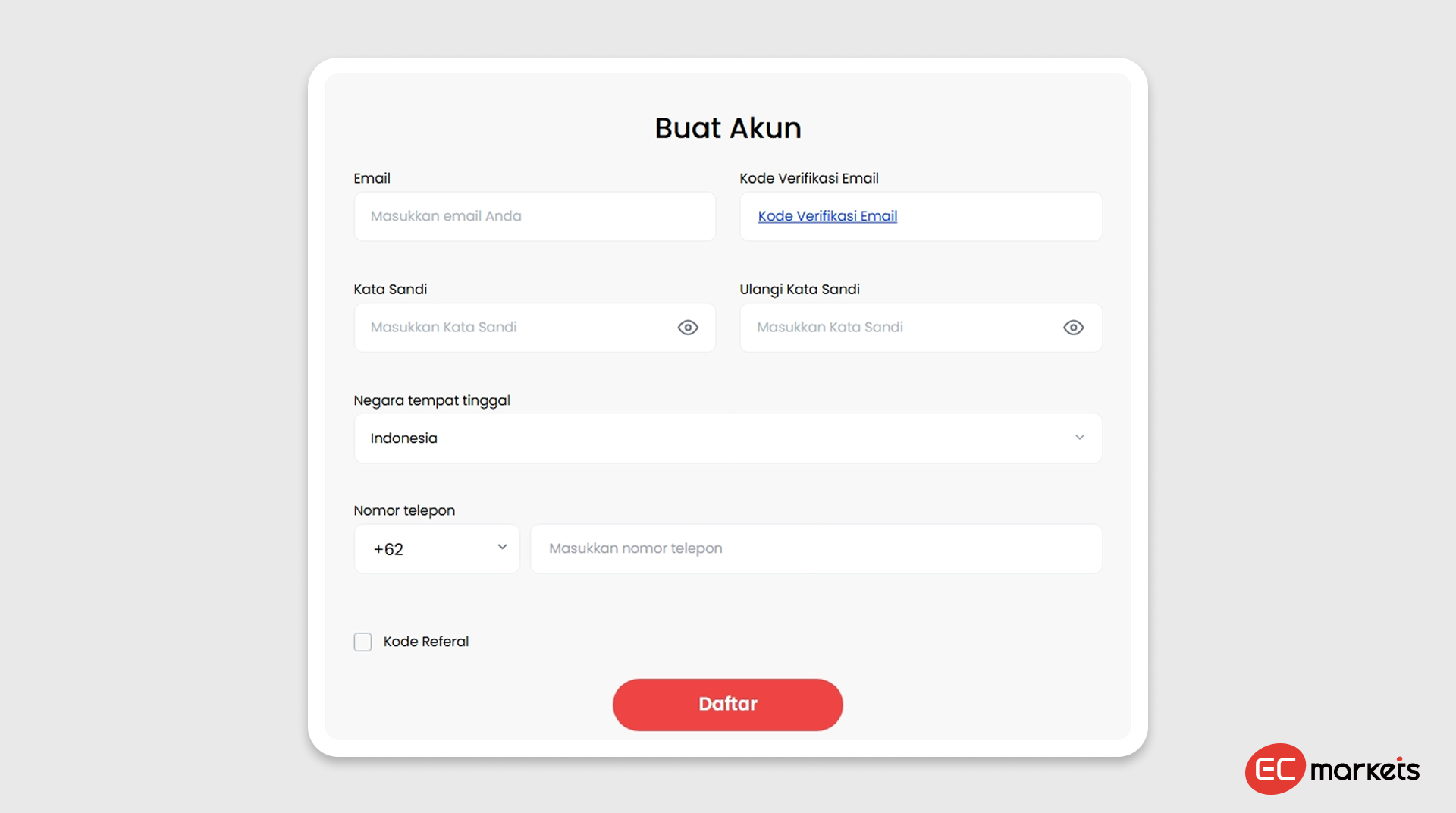 Tampilan halaman pendaftaran akun EC Markets untuk membuat akun demo trading dengan mengisi email, kata sandi, negara tempat tinggal, dan nomor telepon.