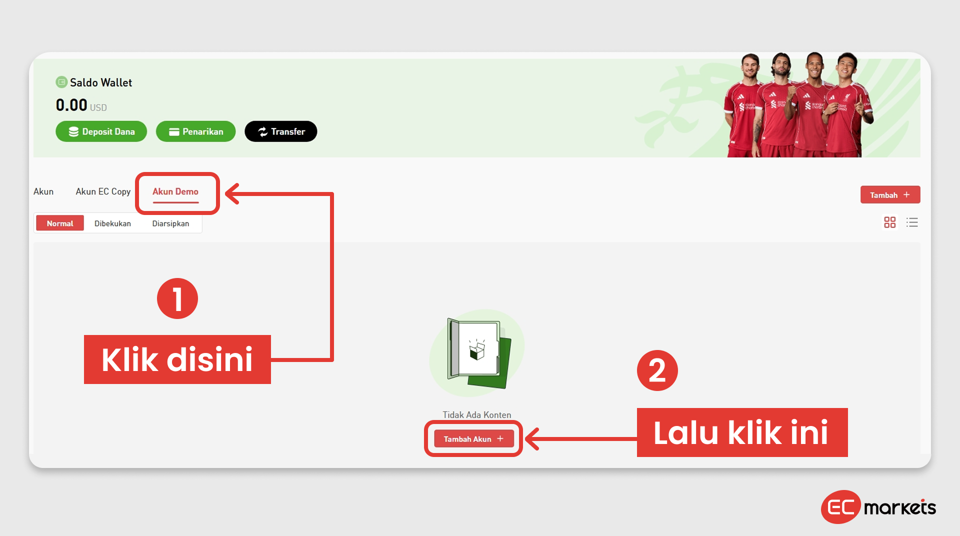 Tampilan halaman pendaftaran akun EC Markets untuk membuat akun demo trading dengan mengisi email, kata sandi, negara tempat tinggal, dan nomor telepon.