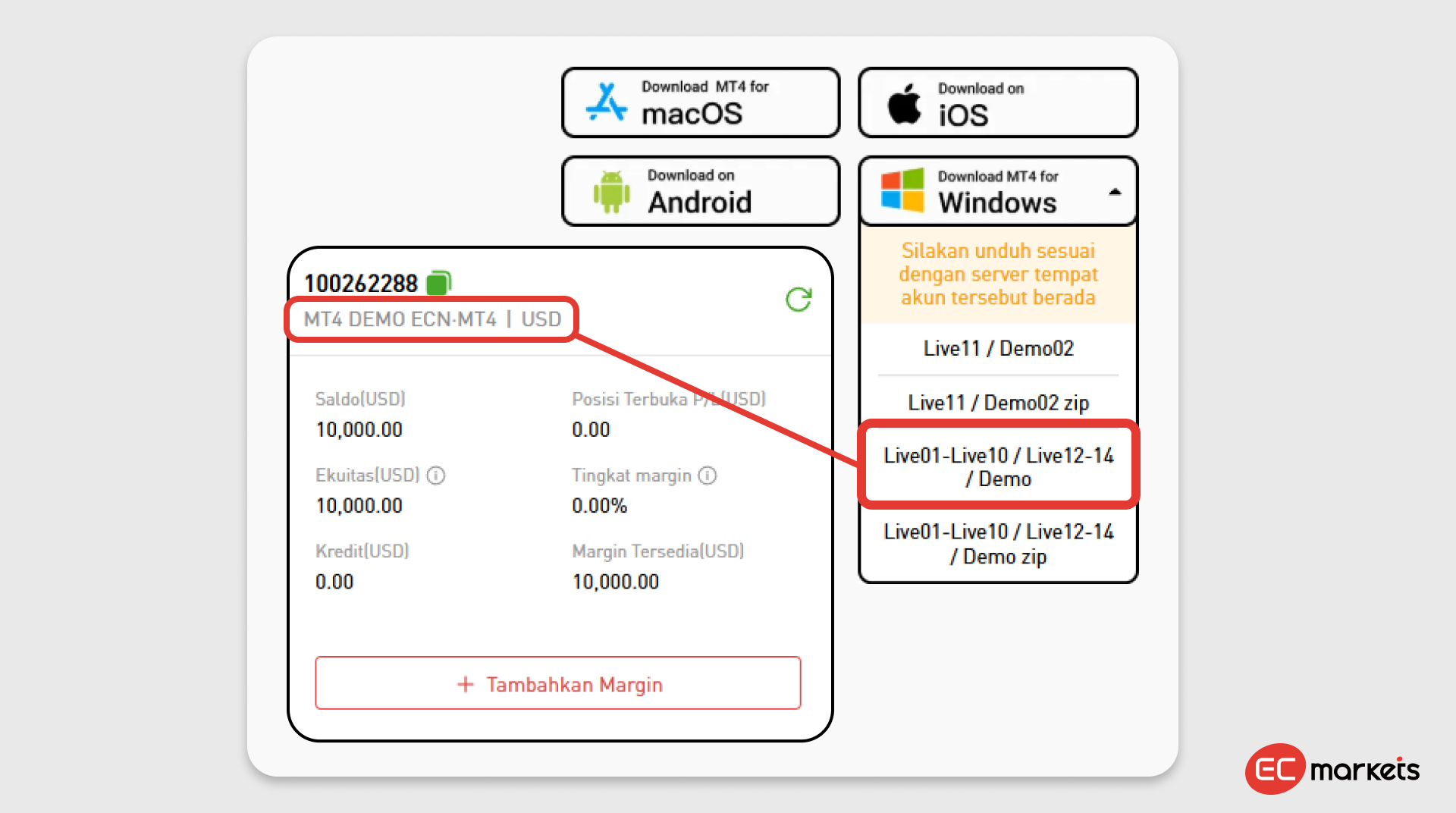 Panduan download MetaTrader 4 untuk akun demo trading EC Markets dengan memilih versi MT4 sesuai server akun demo pada Windows, macOS, iOS, atau Android..