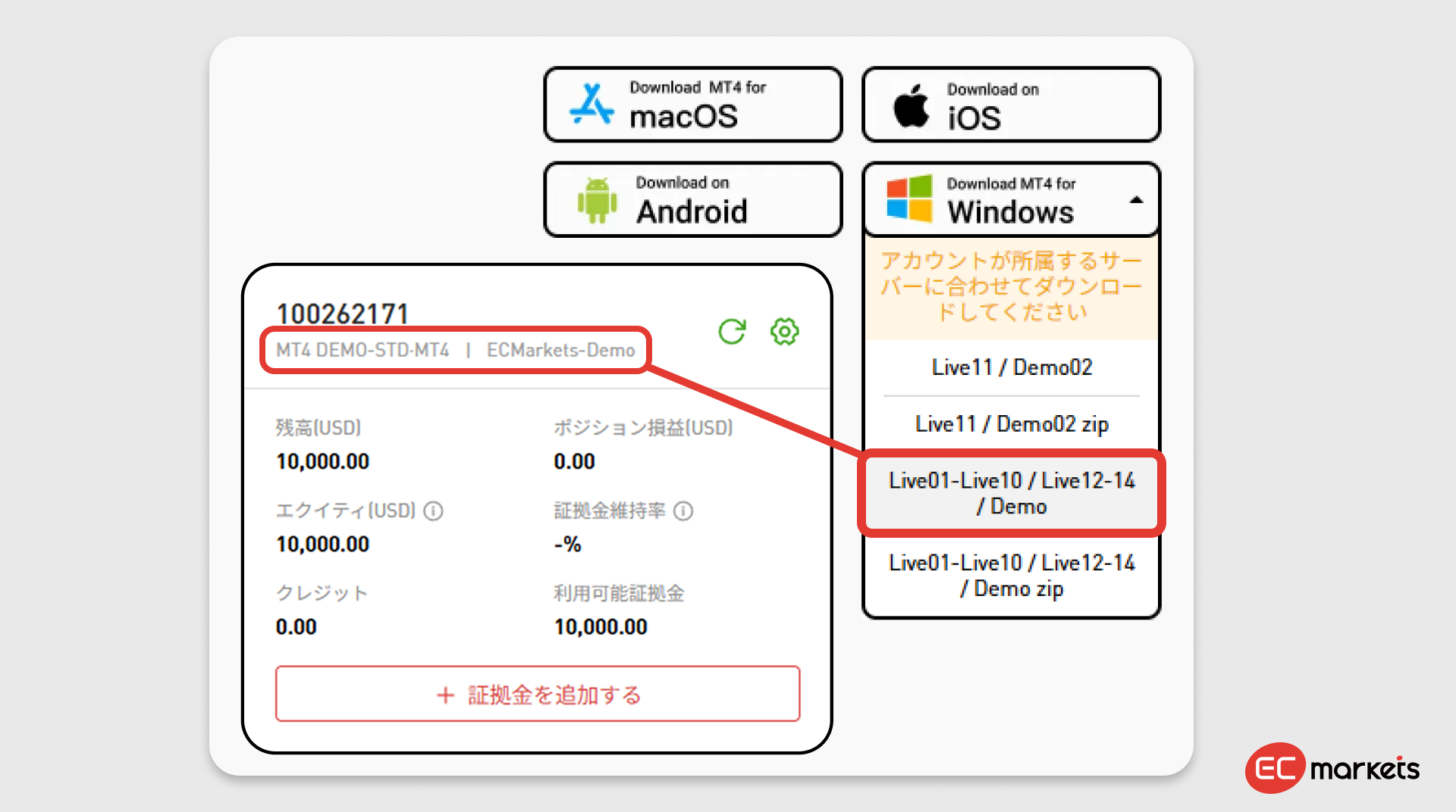 プラットフォームをダウンロードする際、デモ口座のサーバーと合ったものをダウンロードしましょう