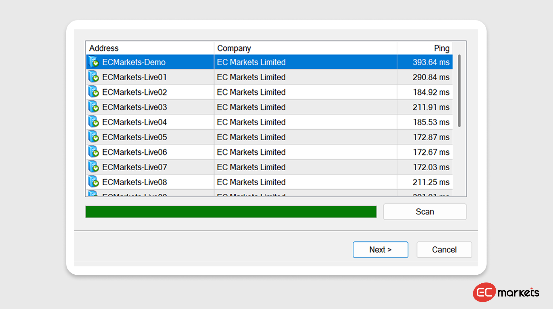 Pemilihan server ECMarkets-Demo di MetaTrader 4 untuk menghubungkan akun demo trading EC Markets sebelum memulai demo trading.