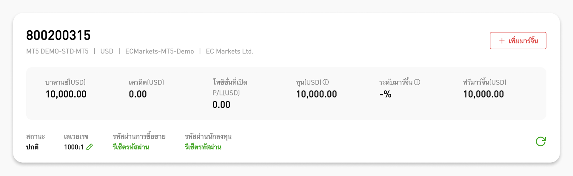 รายละเอียดหน้าบัญชีทดลองใน EC Markets
