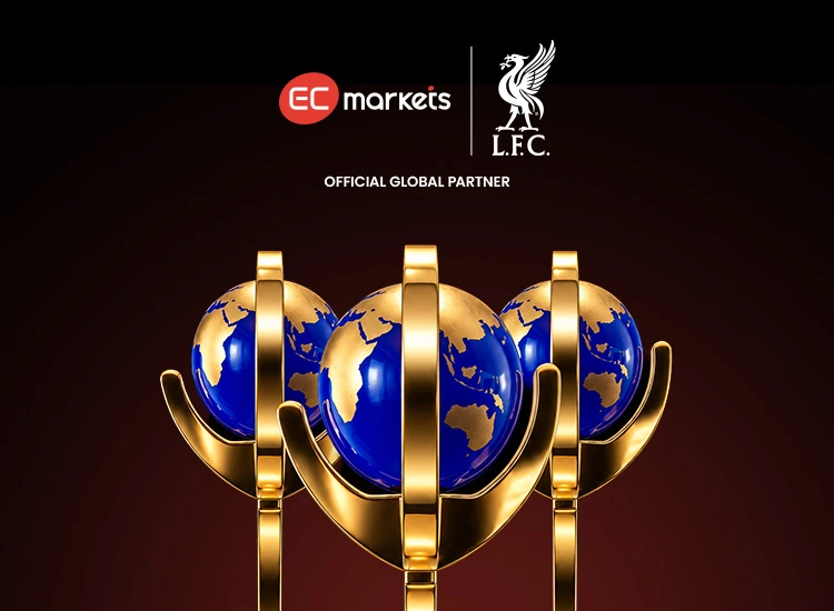 Official global partner banner: three gold trophy mounts with blue-globe spheres and Liverpool FC branding on dark gradient background