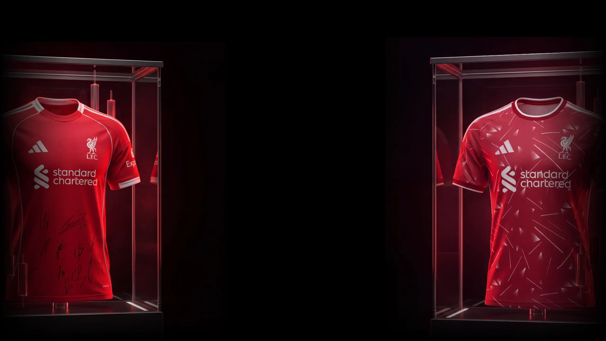 Two red Liverpool FC jerseys signed by players are on display in glass cases against a dark background.