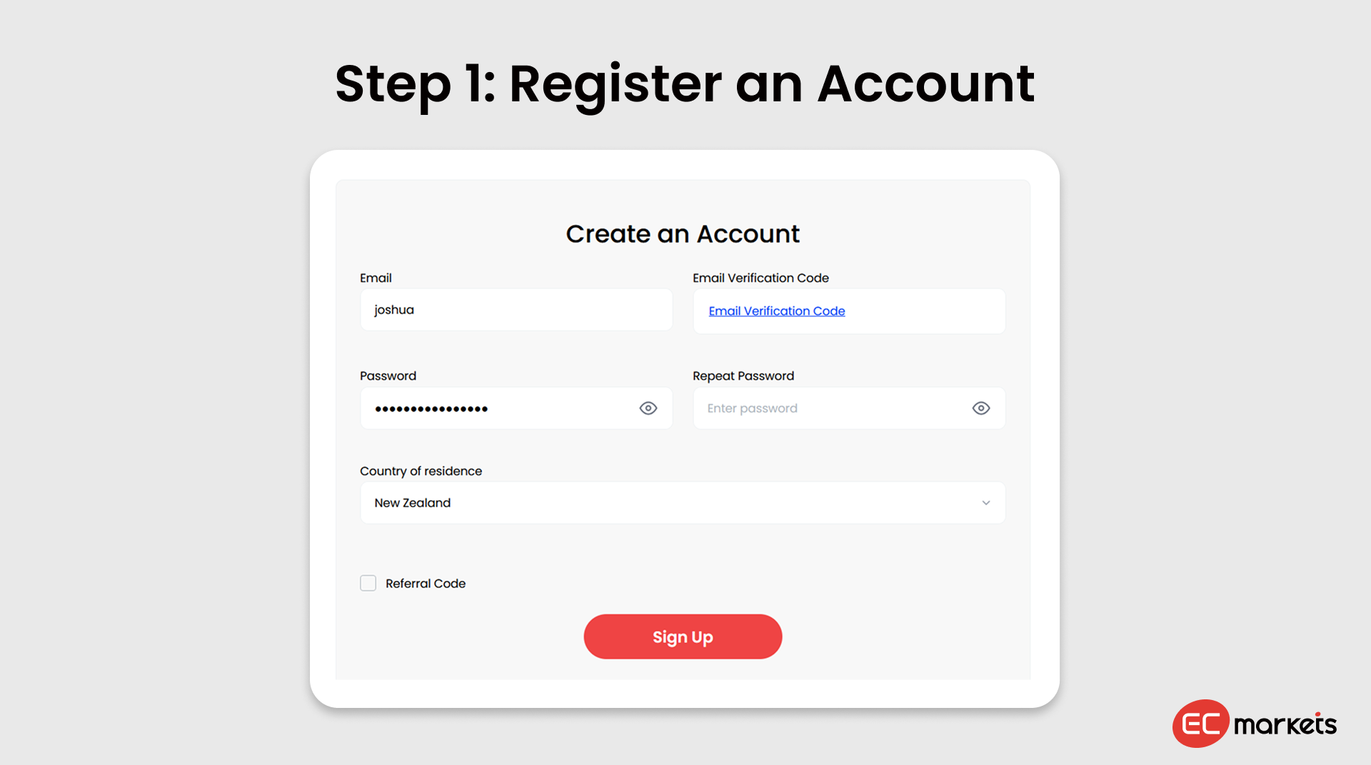 Demonstration of registration of an EC Markets account