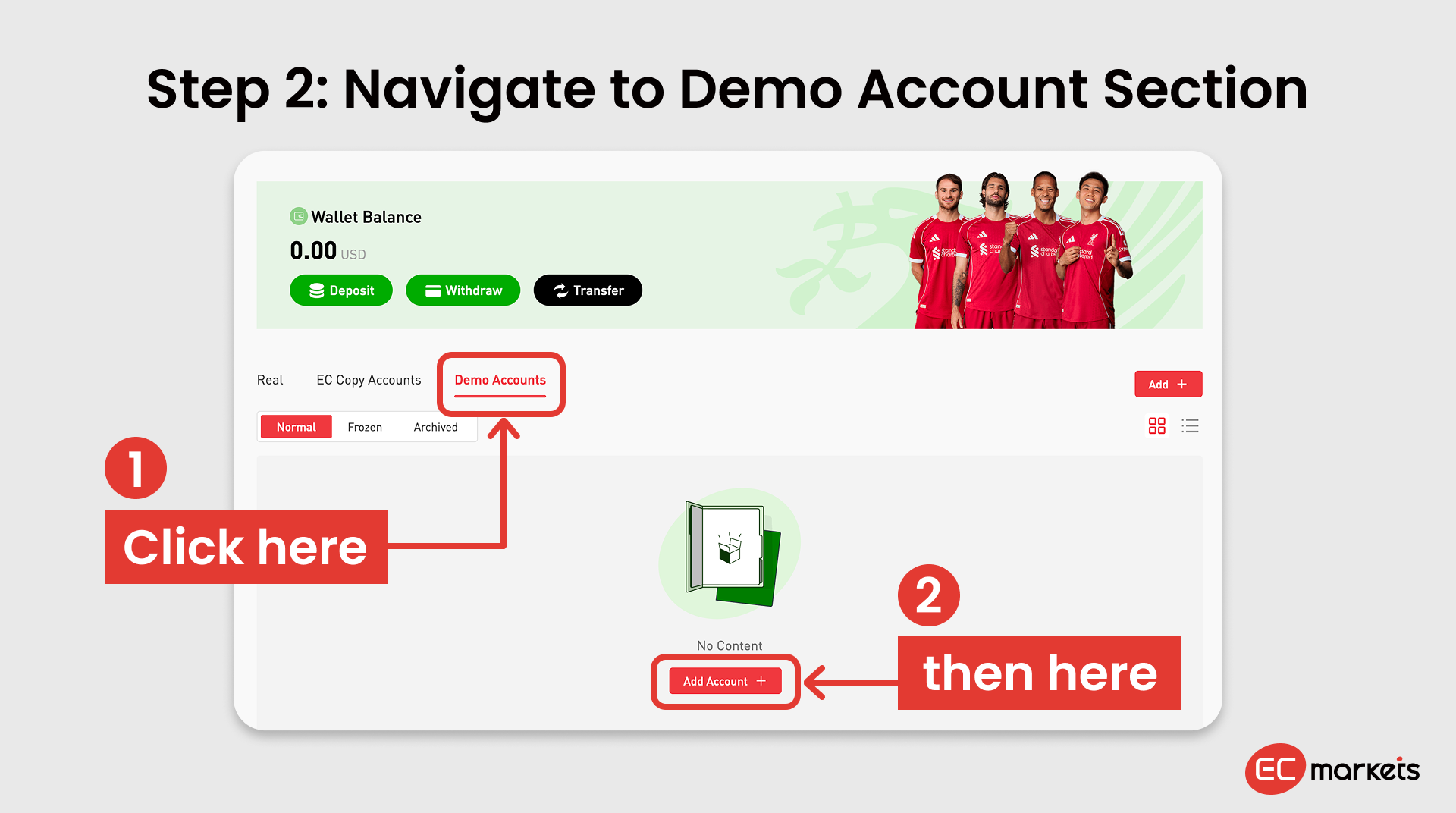 Location of the Demo Accounts tab illustrated
