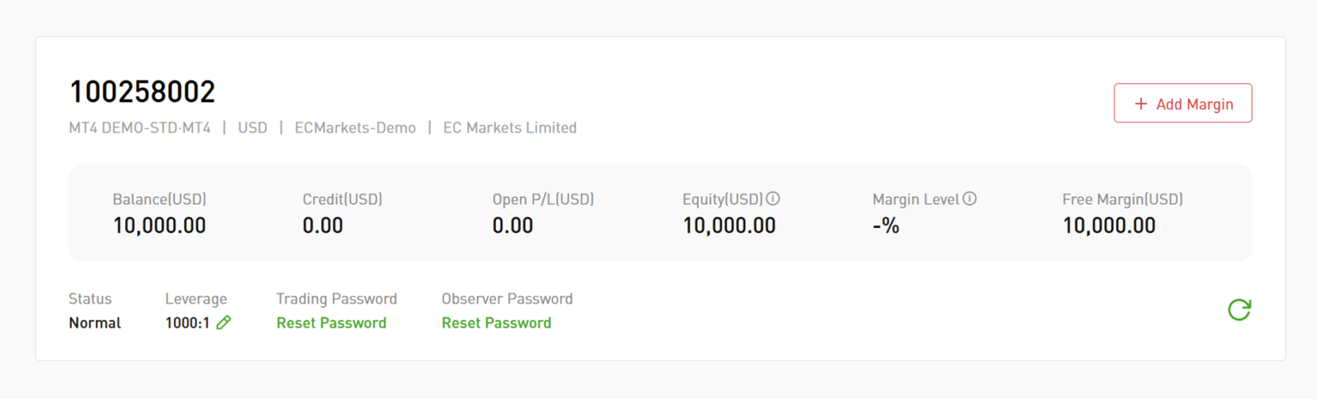 EC Markets demo account details widget as displayed on the user terminal