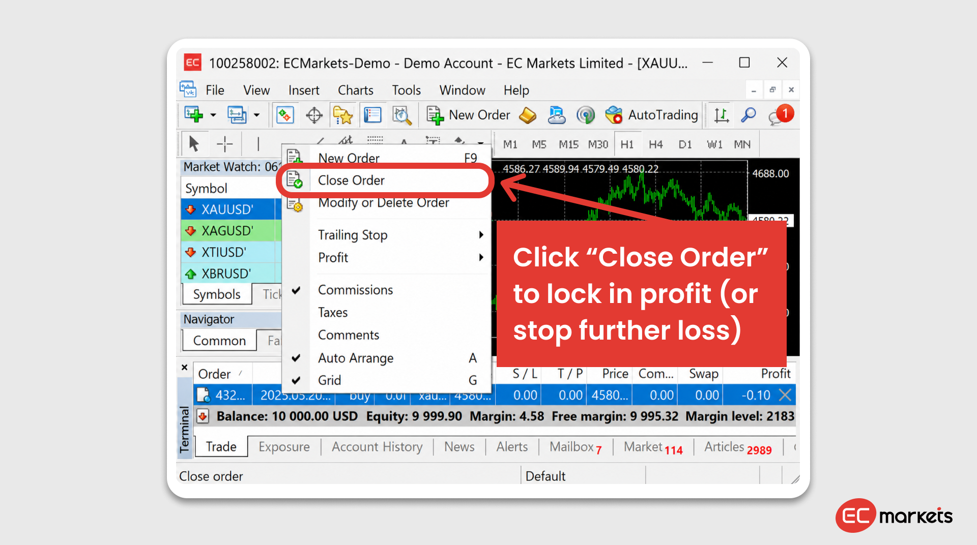 Demonstration of how to close a demo trading account order
