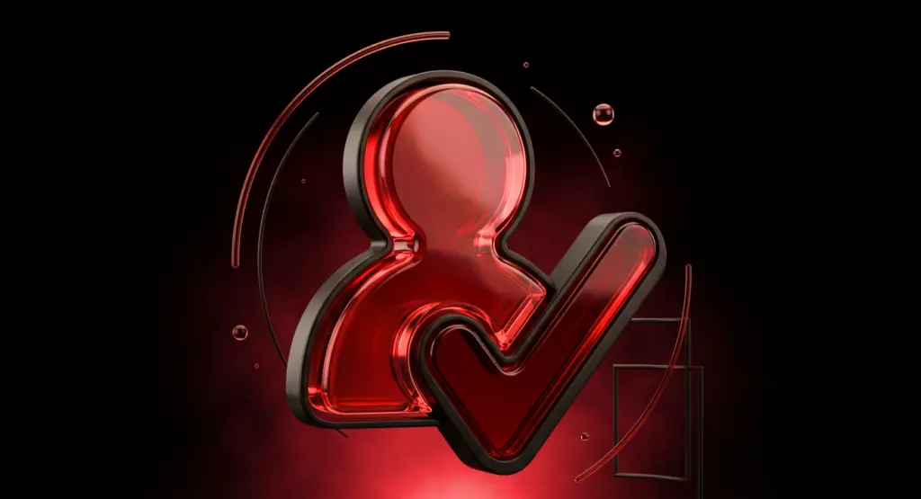 Glossy red 3D user silhouette with a bold check mark, symbolizing a verified account