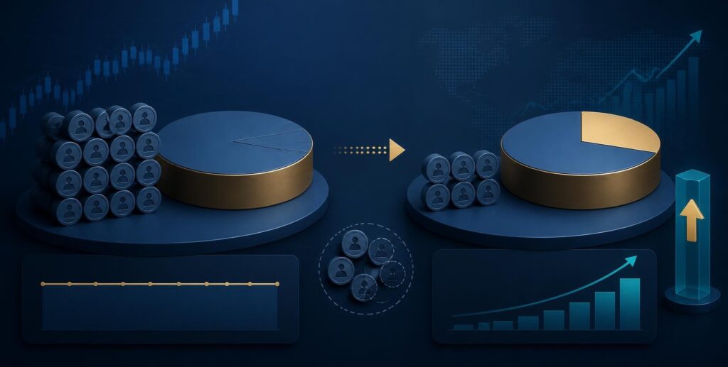 Share buybacks and EPS showing how a lower share count can increase earnings per share.