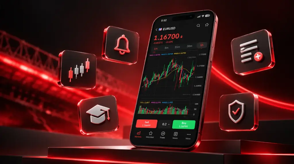 Mobile trading app displaying a forex price chart, surrounded by icons representing alerts, education, watchlists and account security.