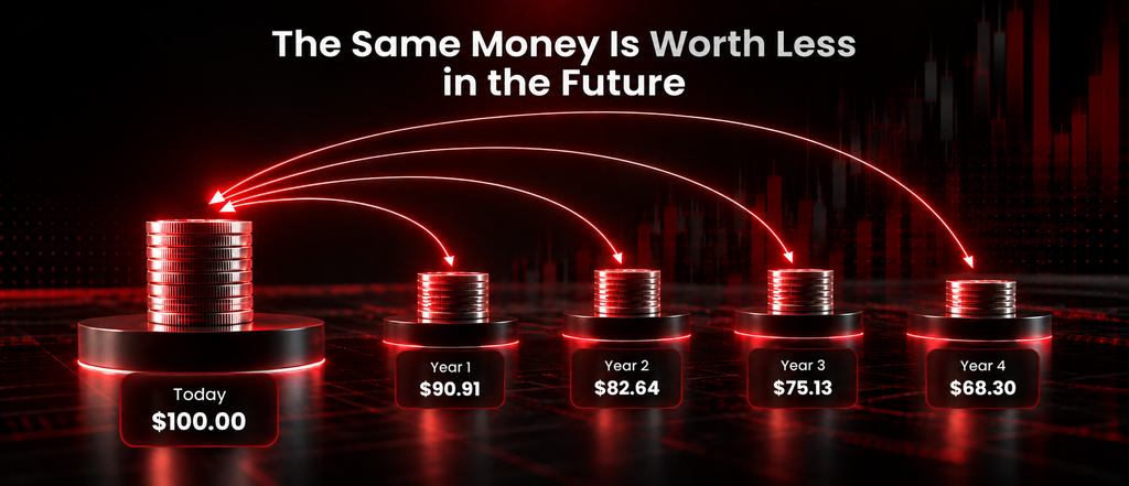 Discounted Cash Flow (DCF) illustration showing future cash flows discounted back to their present value.