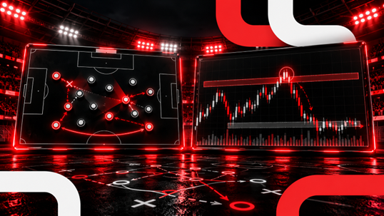 Football tactics showing a blocked forward pass alongside a trading chart illustrating a false breakout and price reversal.
