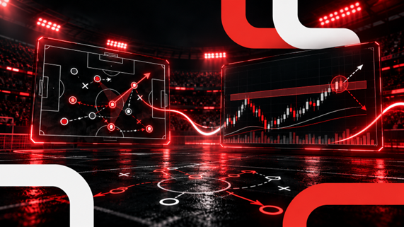 Football tactics showing a blocked passing lane alongside a trading chart testing resistance, illustrating trading patience and the importance of waiting for a potential breakout.
