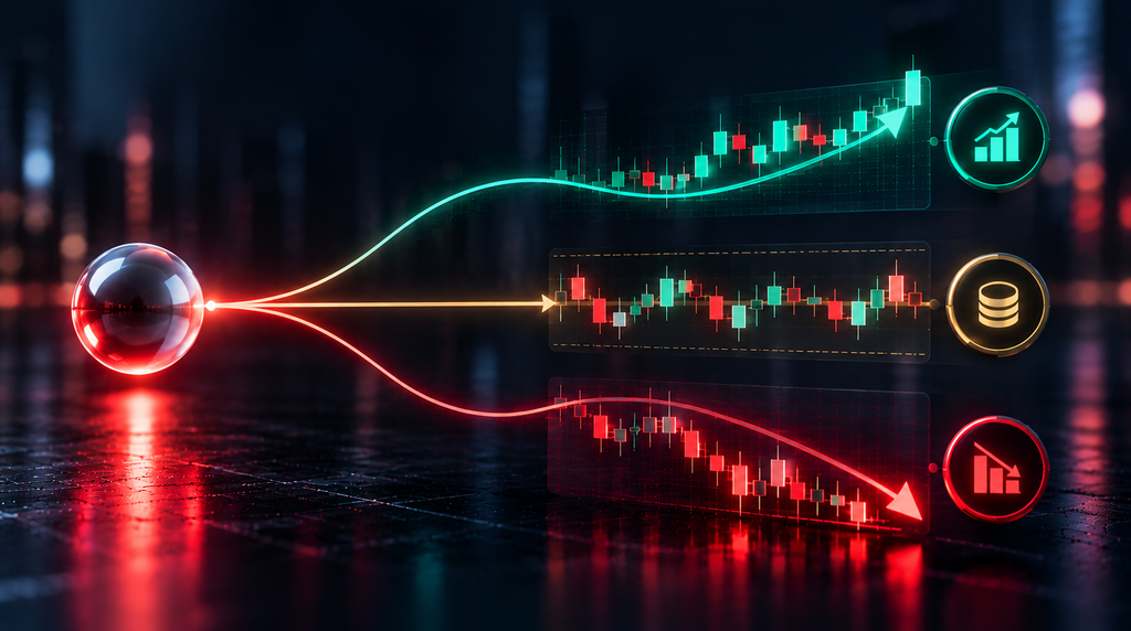 How professional investors think: Three branching market scenarios showing positive, neutral and negative investment outcomes through rising, sideways and falling candlestick charts.