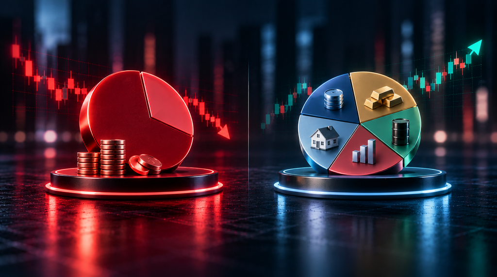 How professional investors think: Side-by-side illustration comparing a concentrated investment portfolio with a diversified portfolio containing multiple asset types, including property, gold and commodities.