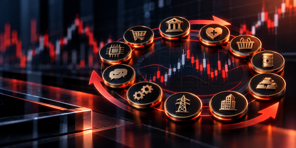 Sector rotation illustration showing changing stock market leadership across different industries and economic conditions.